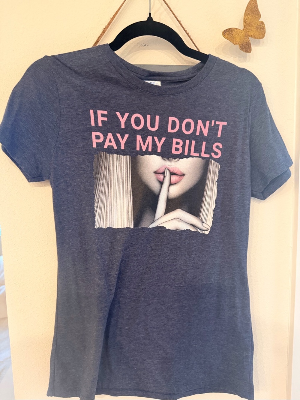 Navy Short-Sleeve Graphic Tee with Pink Text